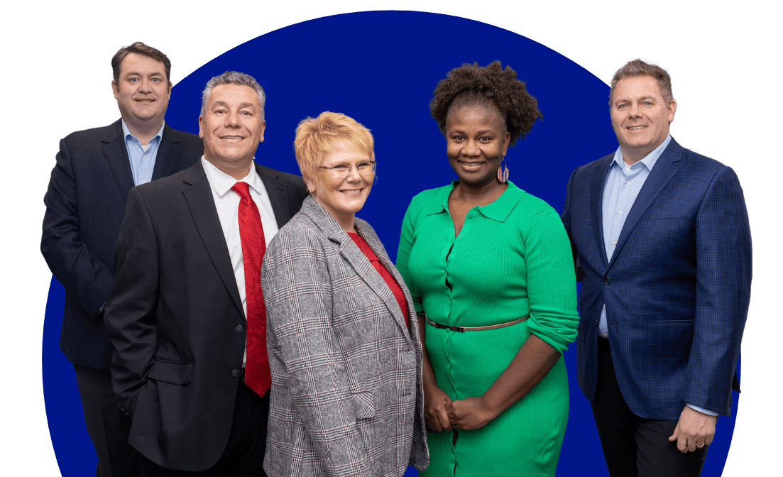 local virtual receptionist ambs call center's leadership team templated with blue circle background
