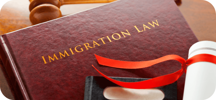 immigration law book with gavel and degree