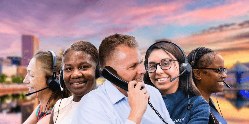 baltimore maryland downtown with ambs call center phone answering service agents in front