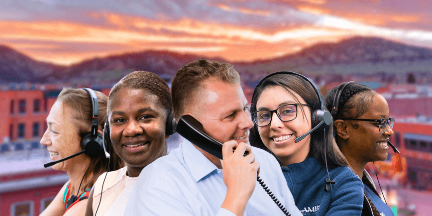 boulder colorado downtown with ambs call center agents in front