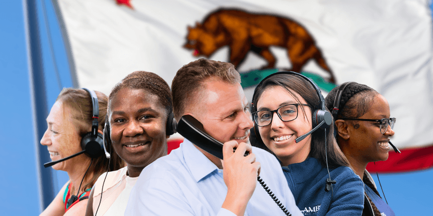 california republic flag with ambs call center agents in front
