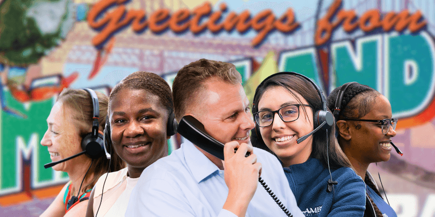 chesapeake bay maryland post card with ambs call center phone answering service agents in front
