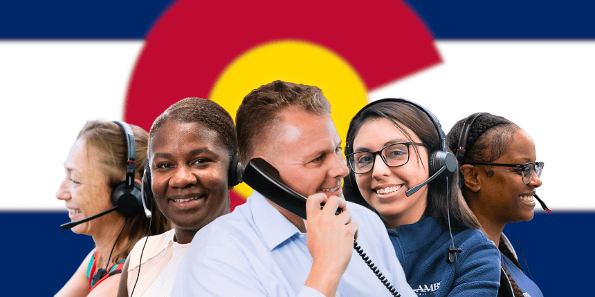 colorado state flag with ambs call center agents in front