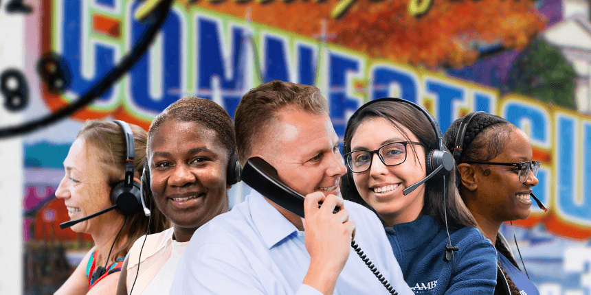 conneticut postcard with ambs call center agents in front