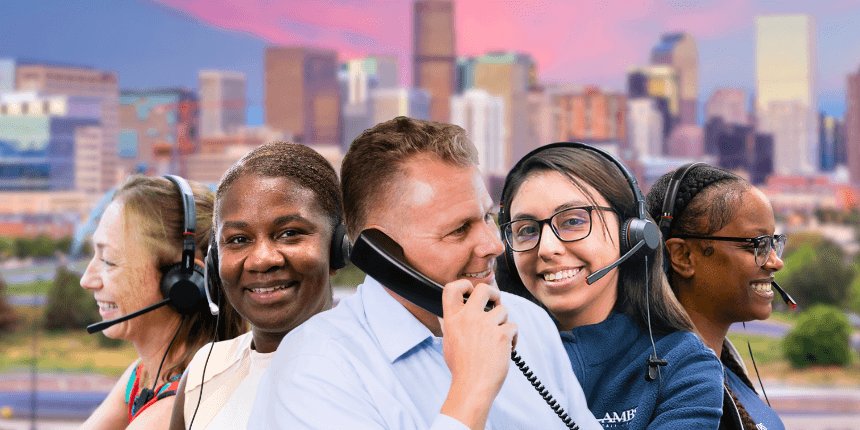 denver skyline with ambs call center agents in front