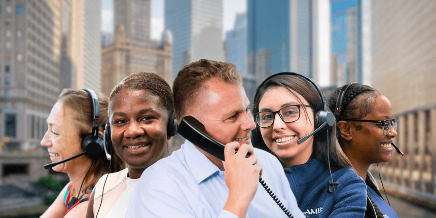 downtown chicago with ambs call center agents in front