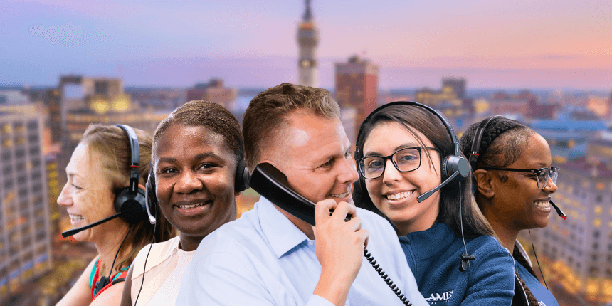 downtown Indianapolis with ambs call center staff in front