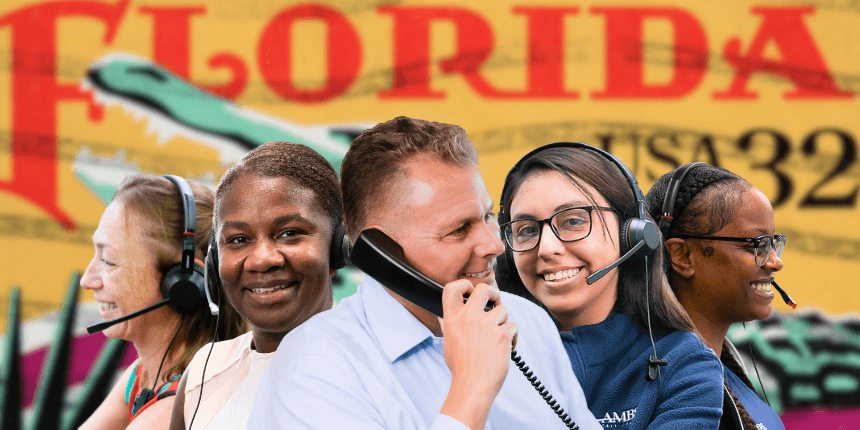 florida postcard with ambs call center agents in front