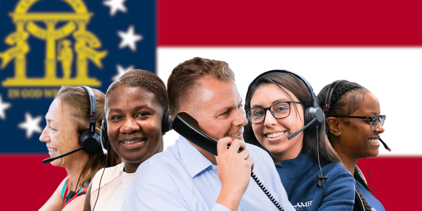 georgia state flag with ambs call center agents in front