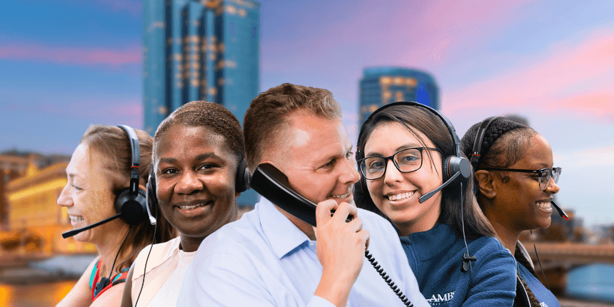grand rapids michigan downtown skyline with ambs call center phone answering service agents in front