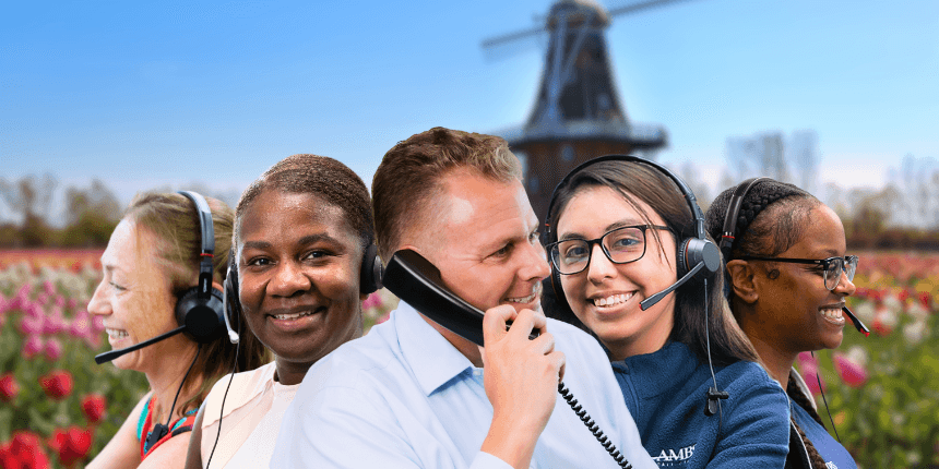 holland michigan tulips and windmill with ambs call center phone answering service agents in front