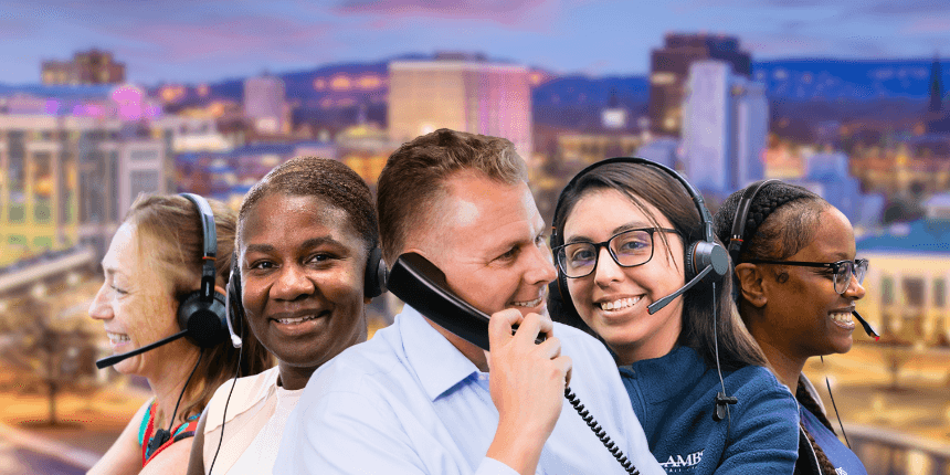 huntsville skyline with ambs call center agents in front