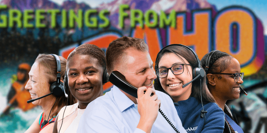 idaho postcard with ambs call center staff in front