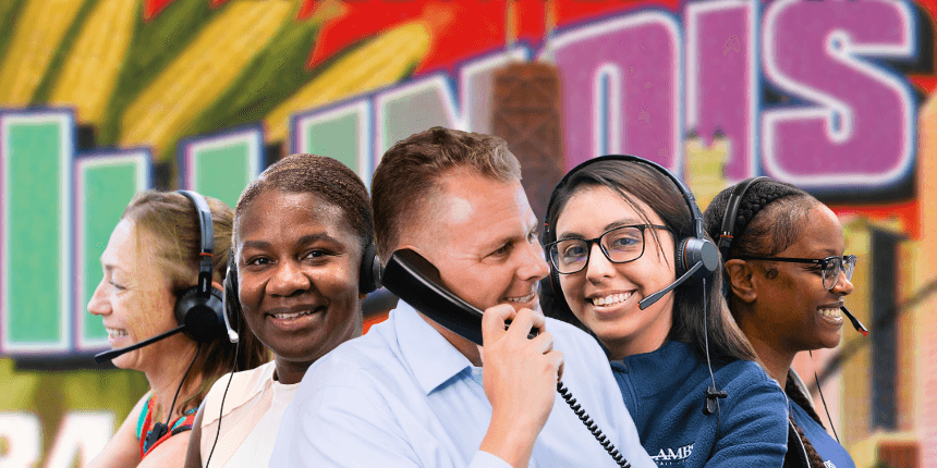 illinois postcard with ambs call center phone answering service agents in front