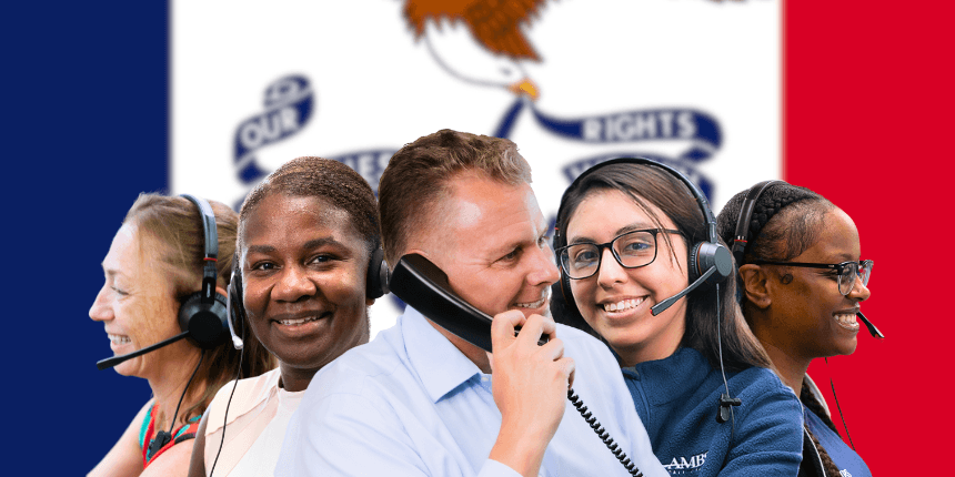 iowa state flag with ambs call center staff in front