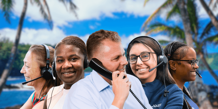 maui caostline in hawaii with ambs call center agents in front