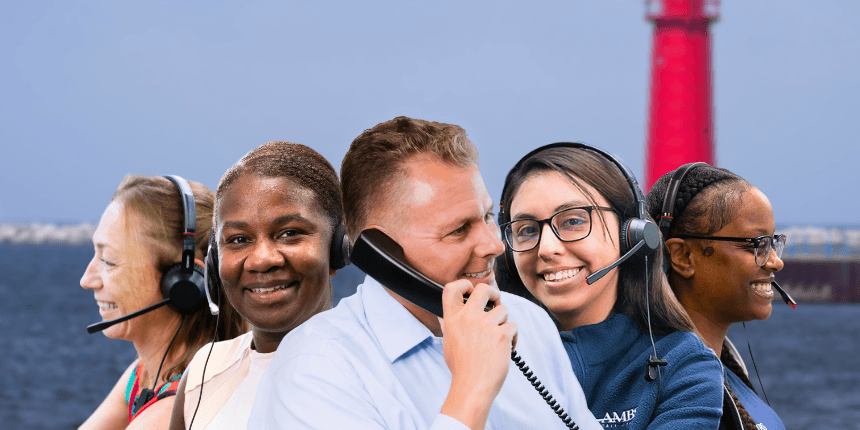 muskegon pier lighthouse with ambs call center phone answering service agents in front