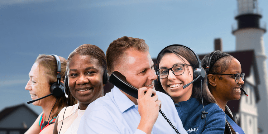 portland head lighthouse in portland maine with ambs call center phone answering service agents in front