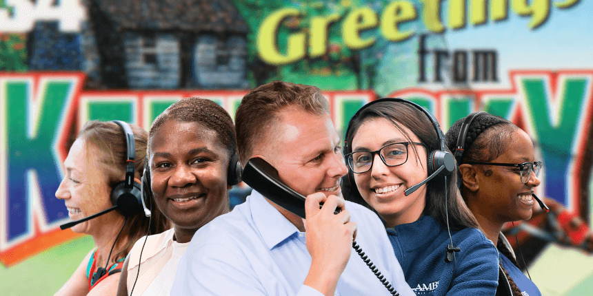 postcard of kentucky with ambs call center phone answering service agents in front