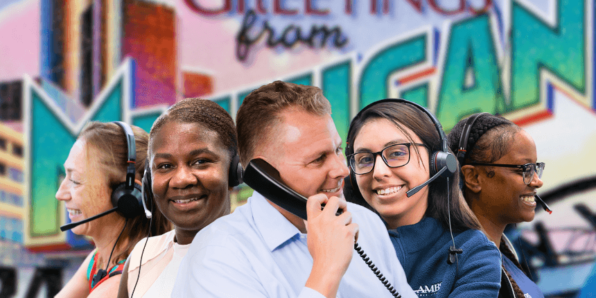 postcard of michigan with ambs call center phone answering service agents in front