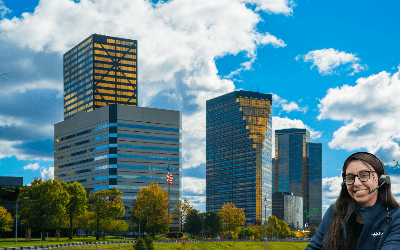 business district buildings in southfield michigan with ambs call center phone answering service agent in front