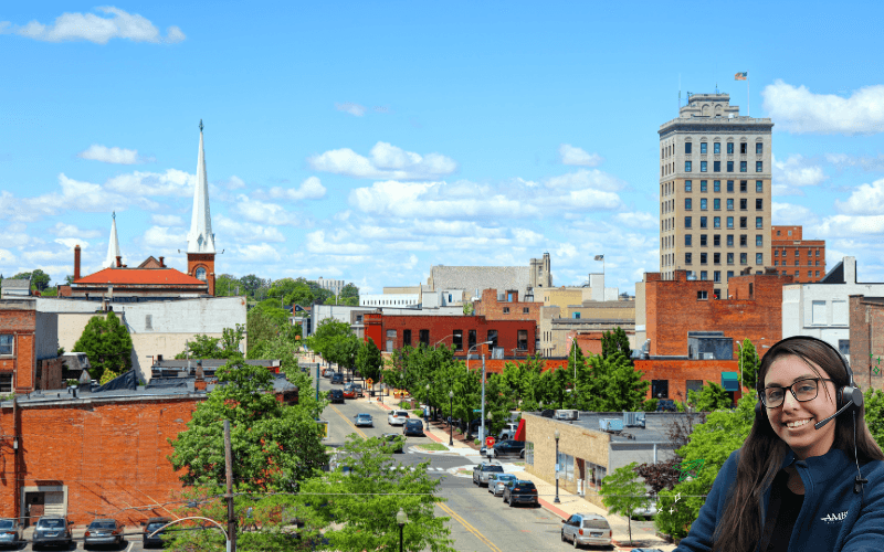 downtown jackson michigan with ambs call center phone answering service agent in front