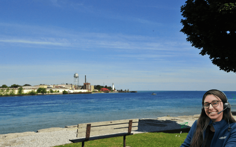lake huron as seen from port huron with ambs call center phone answering service agent in front