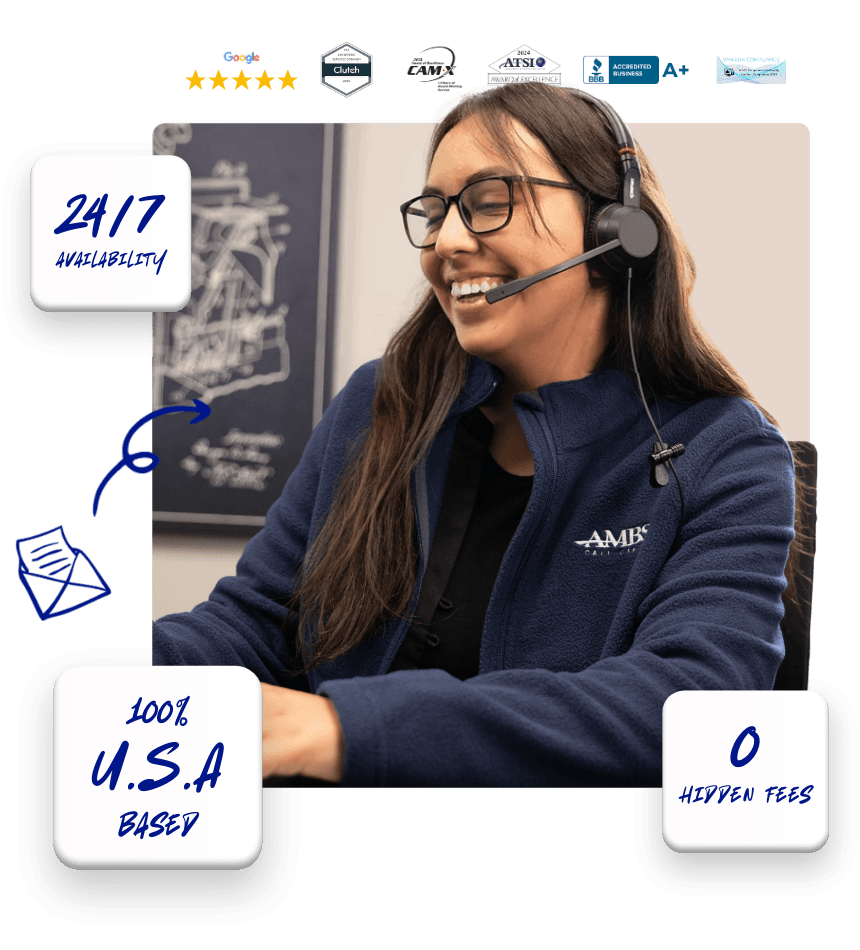 virtual receptionist agent jacqueline smiling while handling call with phone number and award logos and beige wall