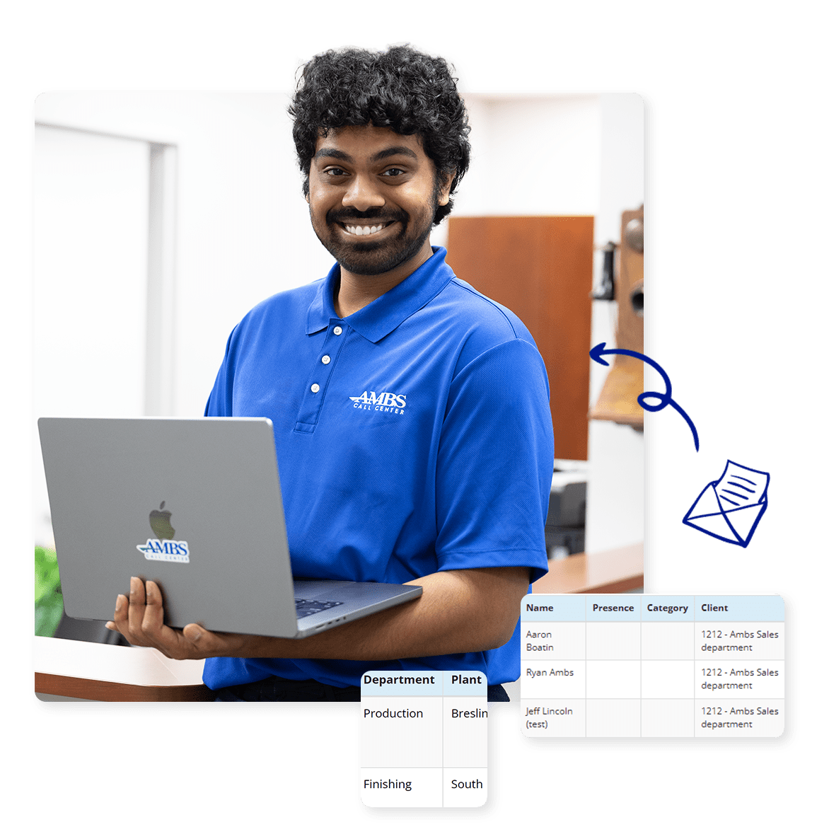 local answering service agent smiling while holding a laptop