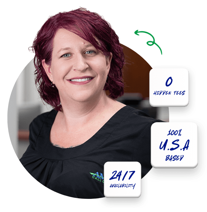 answering service agent jennifer smiling wearing ambs call center shirt with quality icons on the right