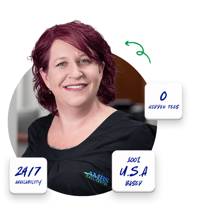 answering service agent jennifer smiling wearing ambs call center shirt