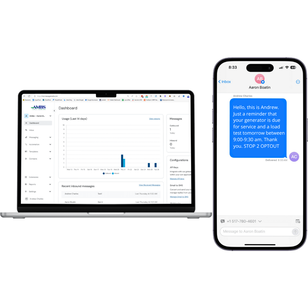 myAmbs Mass Texting Service Mockup on iPhone and Macbook (no dark mode) Generator