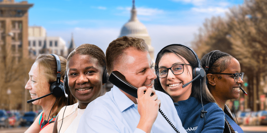 state capitol in washington with ambs call center agents in front