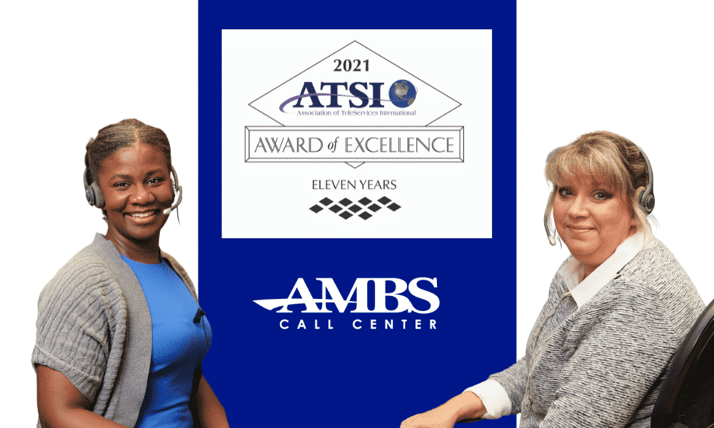 Two call center agents next to the 2021 ATSI award of excellence